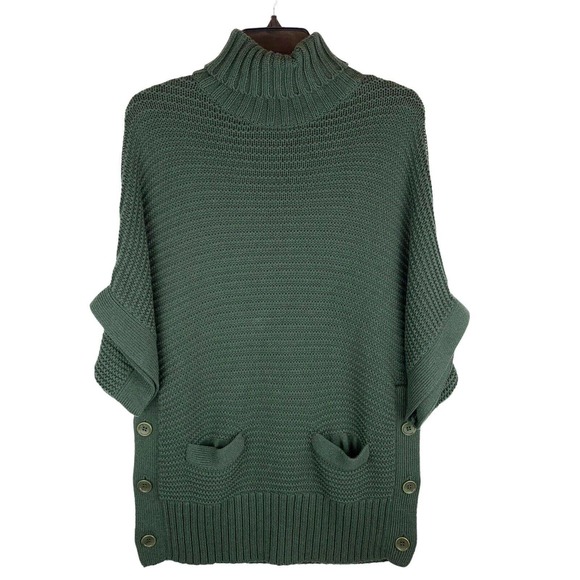 J.Crew Turtleneck Poncho Sweater Size XXS. Oversized. Side Buttons. Forest Green - Picture 5 of 11